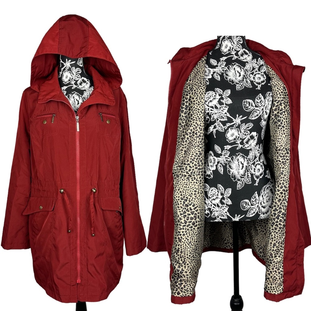 Liz Claiborne Wine Red Full Zip Hooded Parka Mid Length Jacket - Size: XL